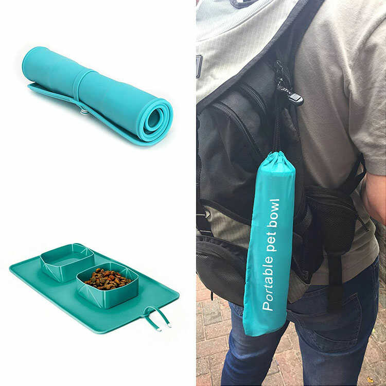 Comedero para Mascotas Plegable de Silicona + Termo para Mascotas Doble Compartimento con Plato Plegable para Mascotas